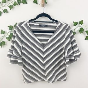 Sugar + Lips grey white striped v neck blouse Sz M